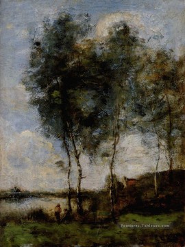 romantique romantisme Tableau Peinture - Pêcheur Au Bord De La Rivière Plein Air Romantisme Jean Baptiste Camille Corot
